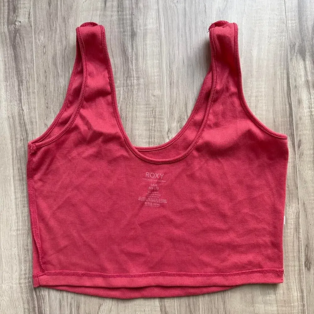 Roxy Peace Joy Aloha Ribbed Crop Tank Top Coral Pink Women’s Large